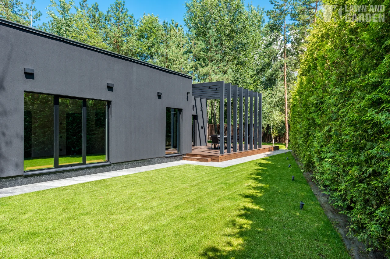 Modern home with neat green lawn and tall hedge fence in backyard.