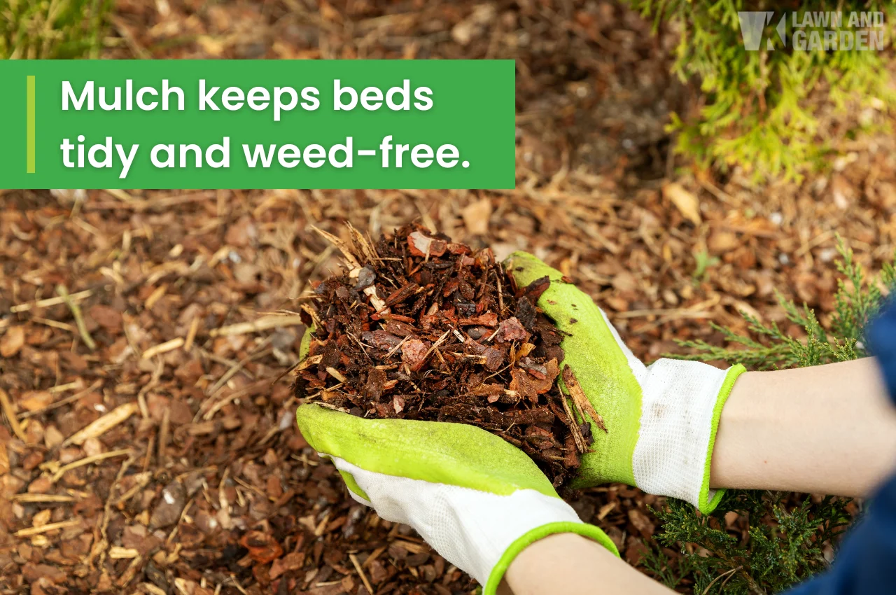 Gloved hands spreading brown mulch over garden bed to prevent weeds.
