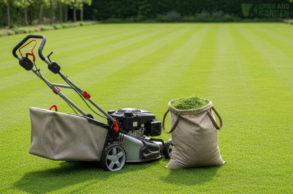 Lawn mower and grass bag on freshly mowed, striped green lawn.