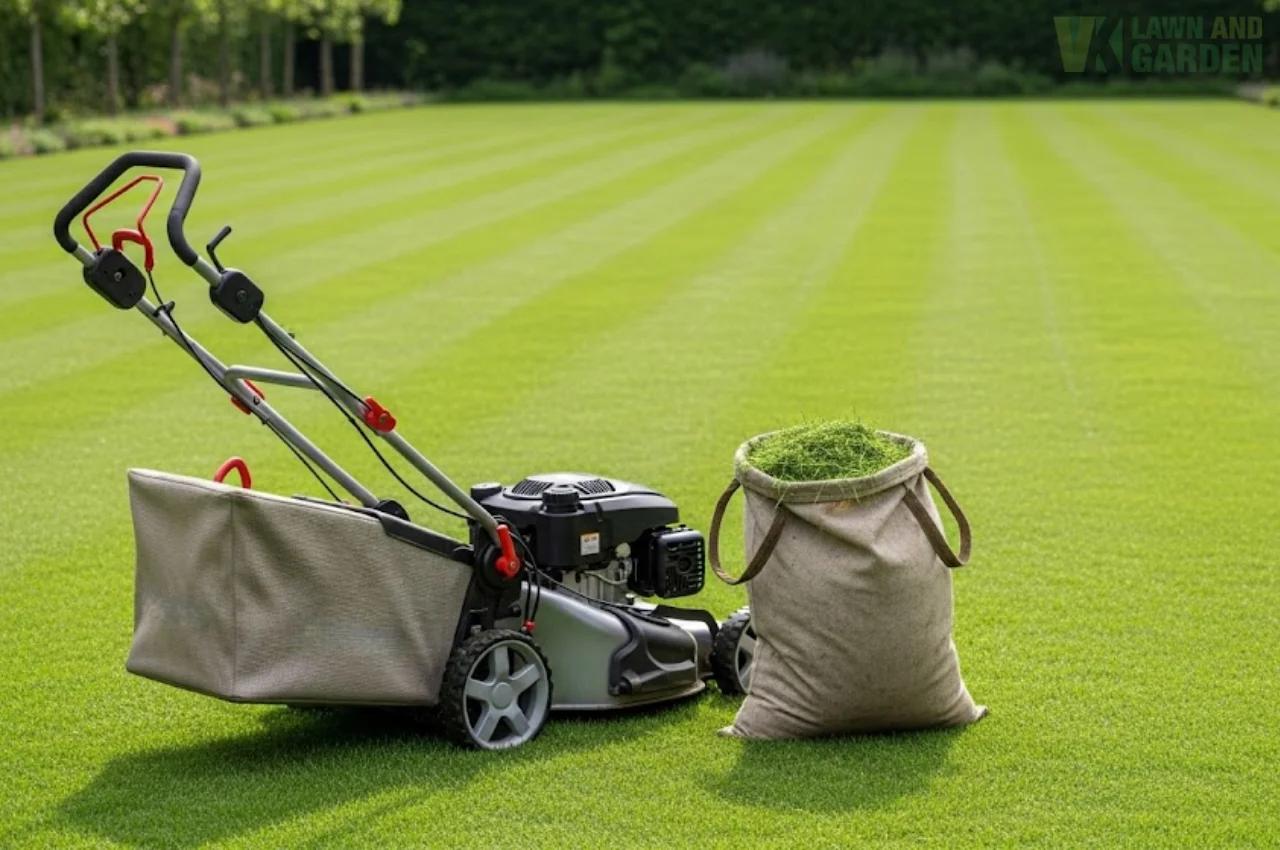 Lawn mower and grass bag on freshly mowed, striped green lawn.